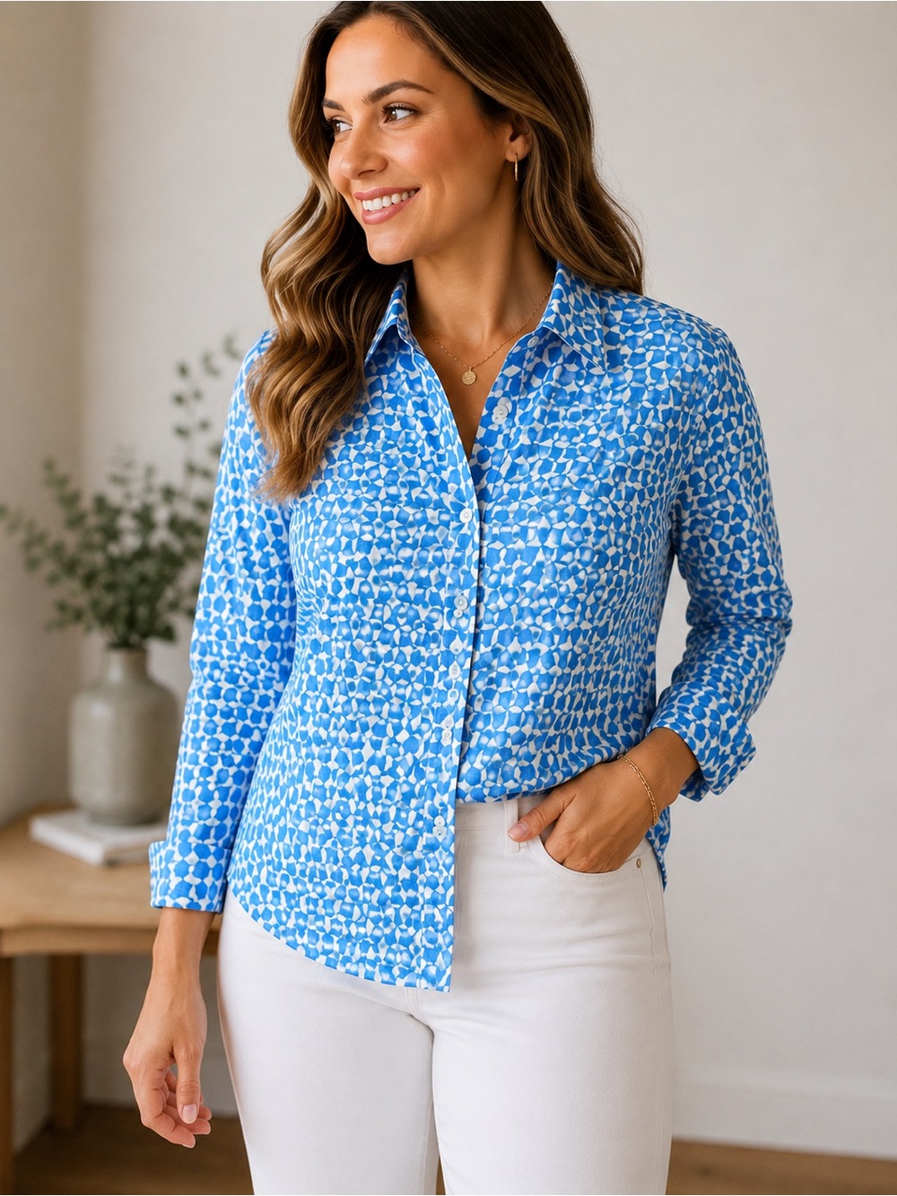 Cotton Silk Blue Geometric Button Down Blouse